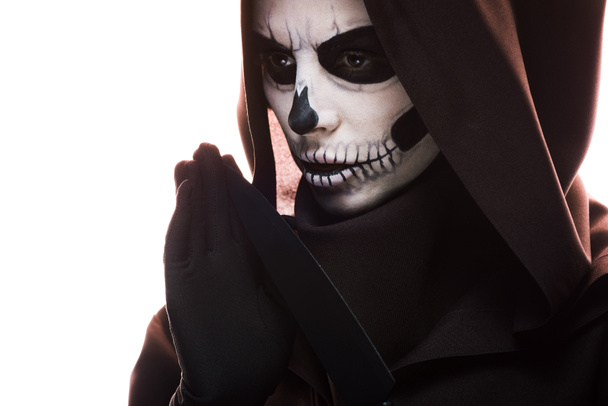 woman with skull makeup holding knife isolated on white - Φωτογραφία, εικόνα