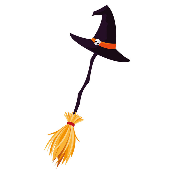 halloween witch broom with hat - Vector, Image