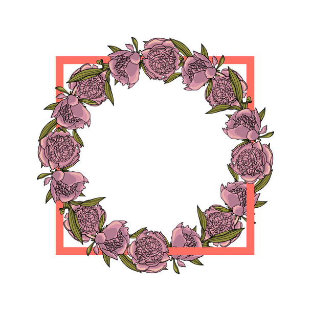 Hand drawn doodle style peony flower wreath. floral design eleme - Vektor, Bild
