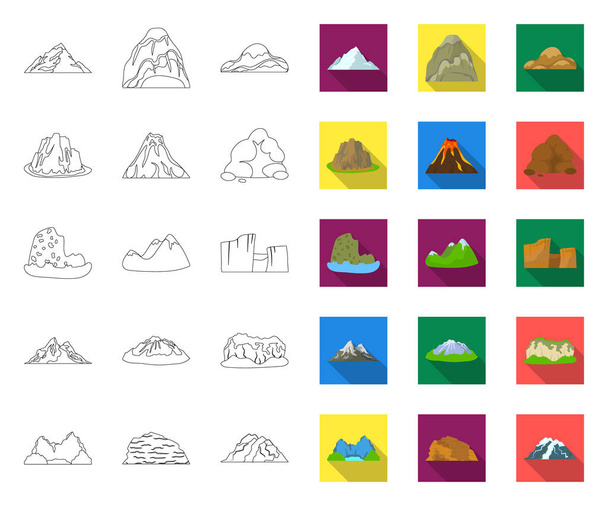 Different mountains outline,flat icons in set collection for design.Mountains and landscape vector symbol stock web illustration. - Διάνυσμα, εικόνα