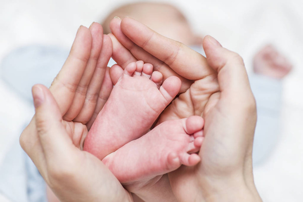 Baby benen. Pasgeboren baby voeten in de handen van de moeder. Baby voeten gecupt in moeders handen - Foto, afbeelding