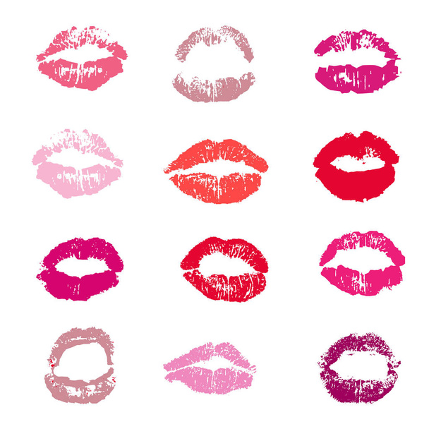 Ženská červená ústa rtěnka políbit tisknout nastavit bílý podklad, vektorový obrázek - Vektor, obrázek