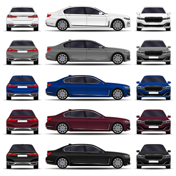 realistic car. sedan cars set. front view; side view; back view. - Vector, Image