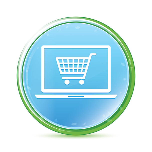 Online winkelwagentje laptop pictogram natuurlijke Aqua cyaan blauw ronde Bu - Foto, afbeelding