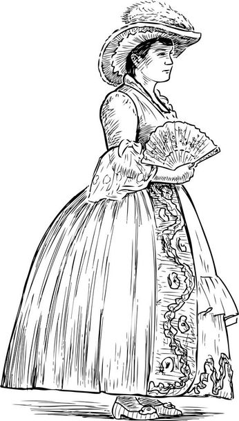  Hand tekening van een dame met een ventilator - Vector, afbeelding