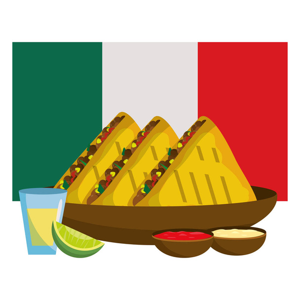 вкусная мексиканская еда перед мексиканским флагом мультипликационный векторный графический дизайн
 - Вектор,изображение