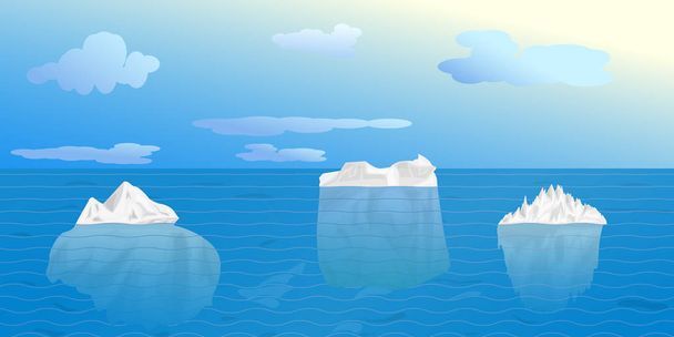 Tři ledové ledovce v moři. Flotery s velkou podmořskou částí. Pro navrhování polární krajiny. - Vektor, obrázek