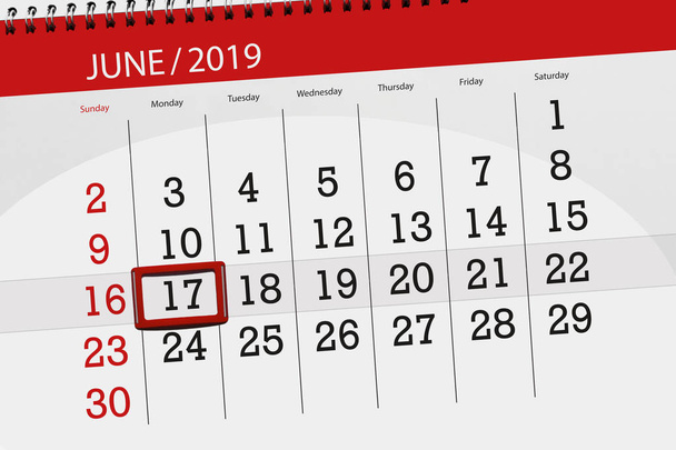 Kalenderblatt für den Monat Juni 2019, Einsendeschluss 17., Montag - Foto, Bild
