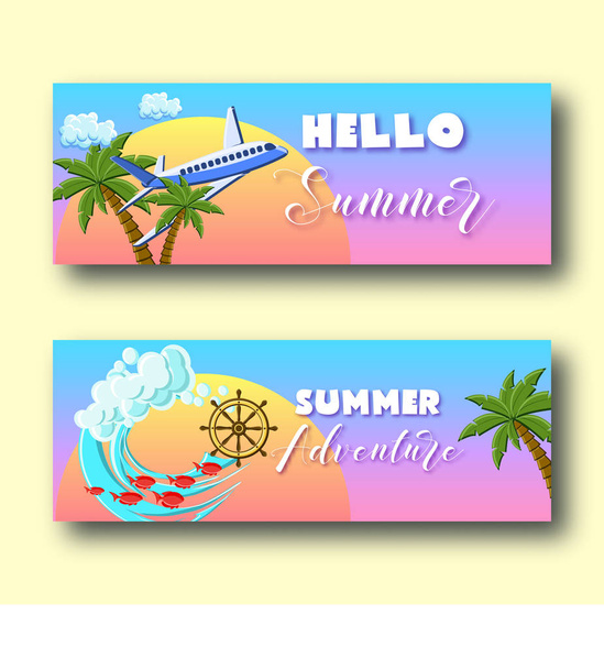 Summer holiday banners set with palm trees, airplane, ocean waves, ship wheel, on the sunset sky. - ベクター画像