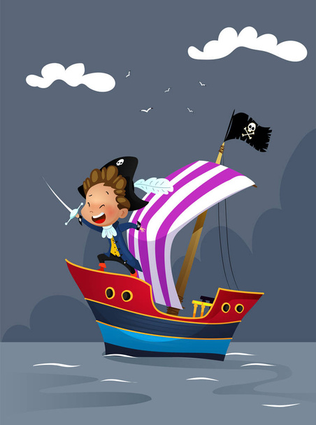 Пираты на корабле в морской иллюстрации
 - Вектор,изображение