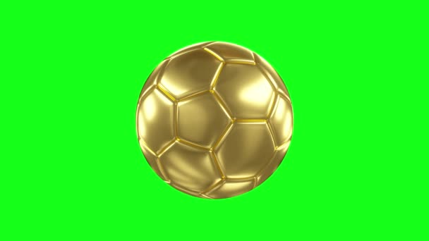3D renderen van een gouden bal. Roterende gouden voetbal bal op groen scherm geïsoleerde achtergrond. Chroma Key. Naadloze loop animatie - Video