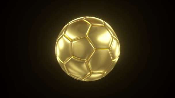 3D απόδοση μιας χρυσής μπάλας. Περιστροφή μιας χρυσής μπάλας ποδοσφαίρου στο μαύρο απομονωμένο φόντο. Κινούμενη κίνηση βρόχου χωρίς ραφές - Πλάνα, βίντεο