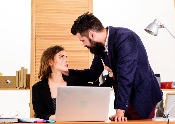 Flirting with coworker. Woman flirting with guy coworker. Woman attractive lady with man colleague. Office collective concept. Flirting at workplace entirely unprofessional. Flirting and seduction - 写真・画像