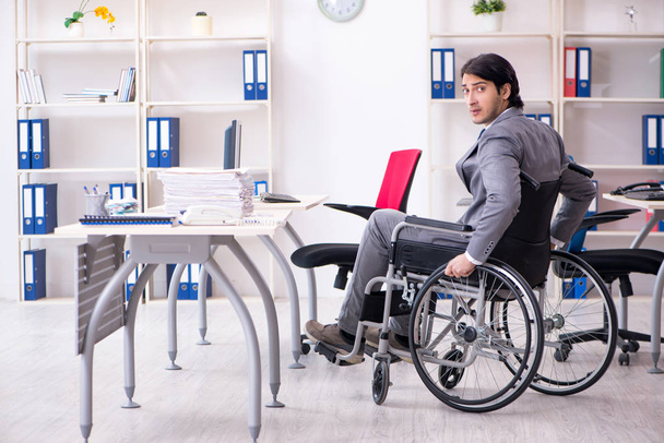 Young handsome employee in wheelchair working in the office   - Photo, Image