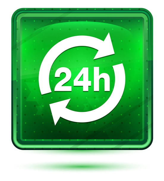 24 hours update icon neon light green square button - Photo, Image