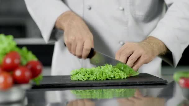 シェフはキッチンで食べ物を切る手を手にします。クローズアップシェフの手はナイフでサラダを切る. - 映像、動画