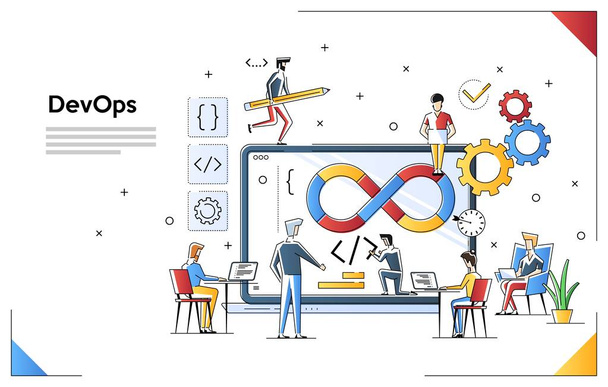 Programmers at work concept. Can use for web banner, infographics, hero images. DevOps. Flat vector illustration isolated on white background. People team work together - Vector, Image