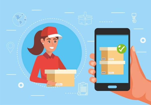 woman delivery with box and hand with smartphone package service vector illustration - Vector, Image