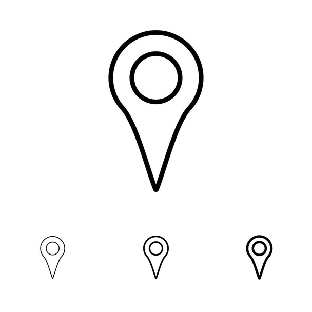 地理的位置、場所、地図、ピン太字と細い黒線アイコン - ベクター画像