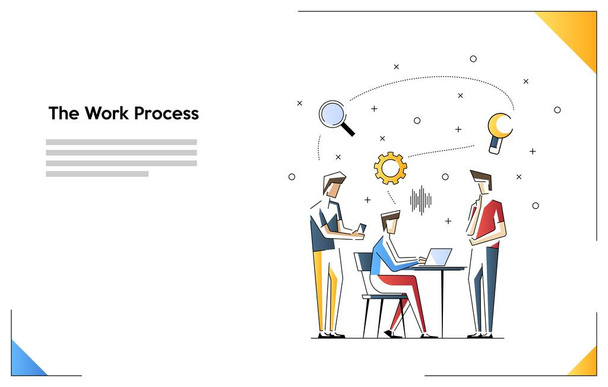 チーム ワーク プロセスの概念図。企画・マーケティング研究に関する労働者集団のベクトルフラットラインアートイラスト - ベクター画像