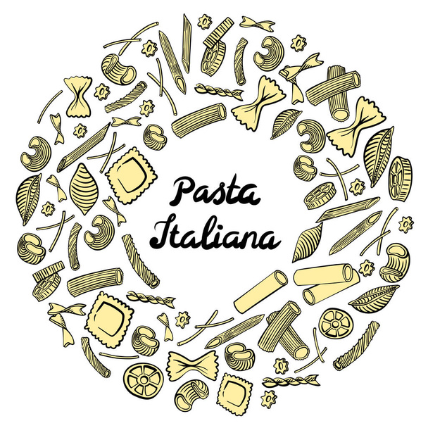 Ronde frame met Italiaanse macaroni van verschillende soorten. Gekleurde hand trekking op witte achtergrond - Vector, afbeelding