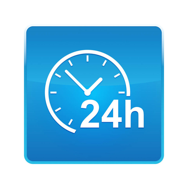 24時間時計アイコン光沢のある青い正方形のボタン - 写真・画像