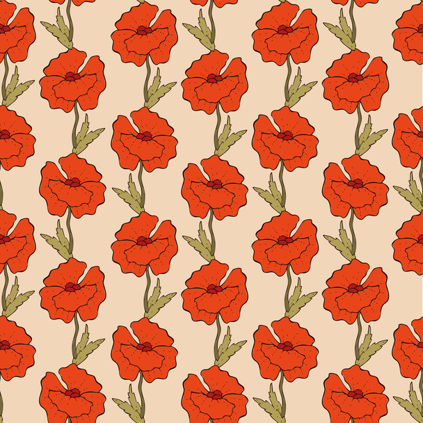 Hand drawn pattern with red poppies - Vector, Imagen