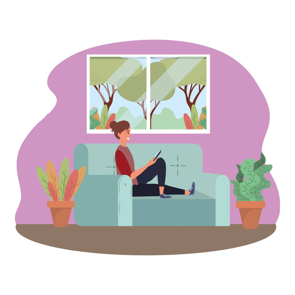 Millenial persona sentada en el sofá utilizando el teléfono inteligente procrastinación de las redes sociales en interiores marco de fondo vector ilustración diseño gráfico
 - Vector, Imagen