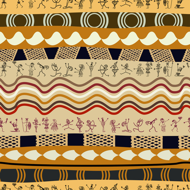 Seamless tribal pattern with silhouettes of the primitive peopl - Vector, Image