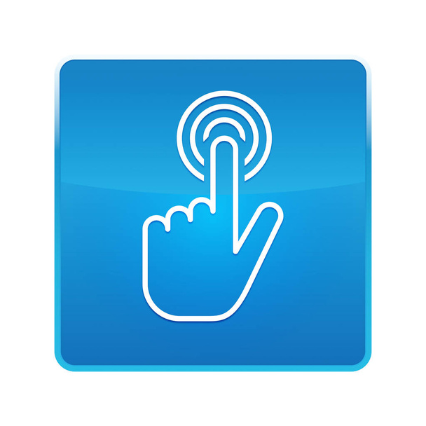 Ręka kursor kliknij ikonę błyszczący niebieski kwadrat przycisk - Zdjęcie, obraz