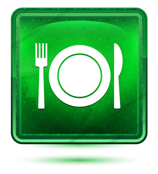 Plate with fork and knife icon neon light green square button - Photo, Image