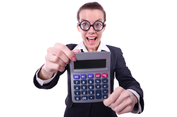 Nerd femme comptable avec calculatrice
 - Photo, image