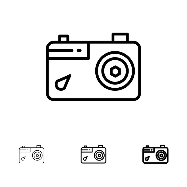 Φωτογραφική μηχανή, εικόνα, εικόνα, φωτογραφία έντονη και λεπτή μαύρη γραμμή εικονίδιο Set - Διάνυσμα, εικόνα
