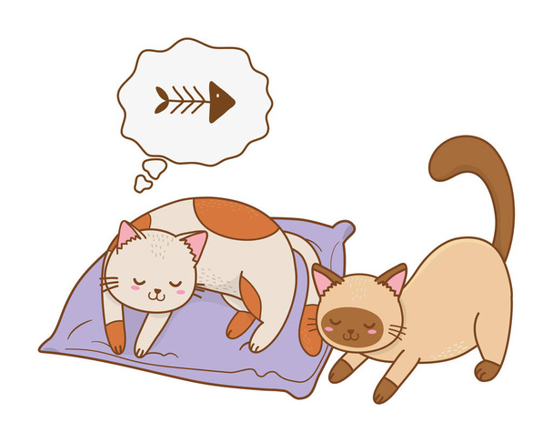 χαριτωμένο αστεία κατοικίδια γάτες στο κατοικίδιο ζώο κρεβάτι κινούμενα σχέδια διανυσματική απεικόνιση γραφικό σχεδιασμό - Διάνυσμα, εικόνα