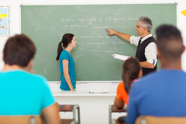 teacher pointing at chalkboard with student standing in front of - Photo, Image