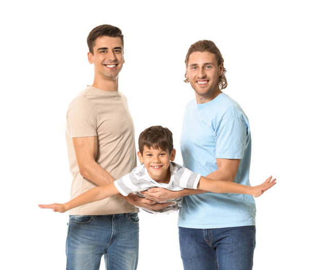 Счастливая гей-пара с усыновленным ребенком на белом фоне
 - Фото, изображение