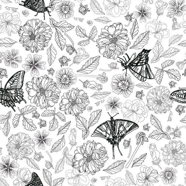 White pattern with butterfly and florals. - Vector, Image