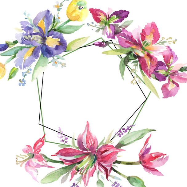 Bouquet with irises floral botanical flowers. Watercolor background illustration set. Frame border ornament square. - Φωτογραφία, εικόνα