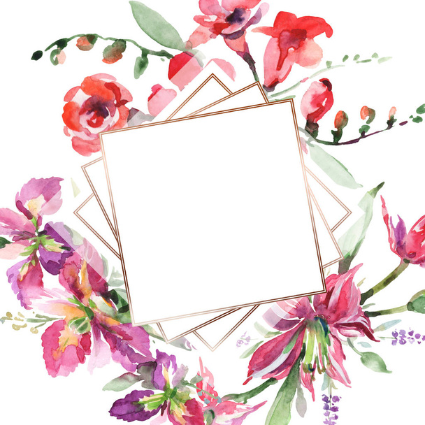 アイリス花植物の花と花束。●水彩背景イラストセット。フレームボーダーオーナメント正方形. - 写真・画像