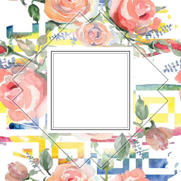 バラの花束花植物の花。●水彩背景イラストセット。フレームボーダーオーナメント正方形. - 写真・画像