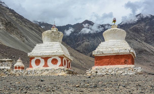 White stupa of Tibetan Buddhist Temple in Ladakh, India. - Photo, Image