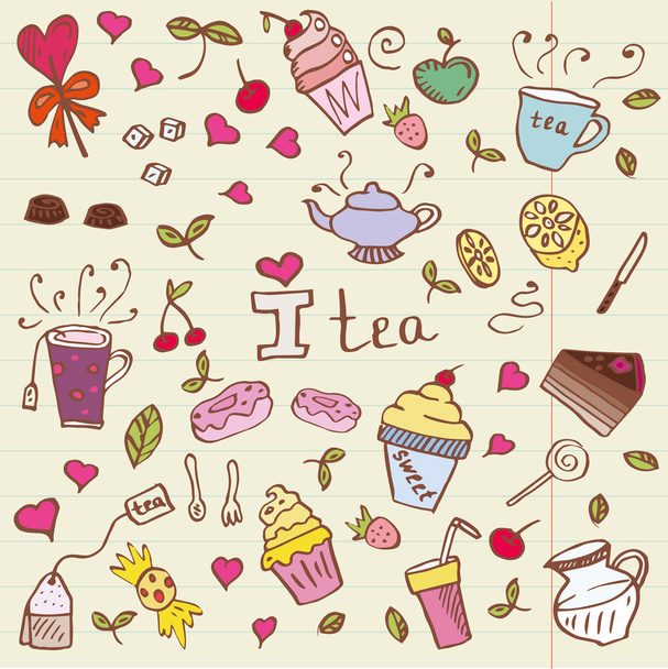 Cartoon tea and sweets doodle collection - Vector, imagen