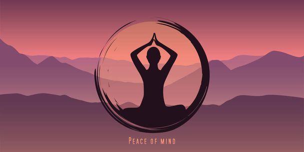 山の背景を持つ心の瞑想コンセプトシルエットの平和 - ベクター画像