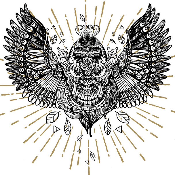 Ilustrace příšery s křídly, ručně tažené tetování, tetování d - Vektor, obrázek