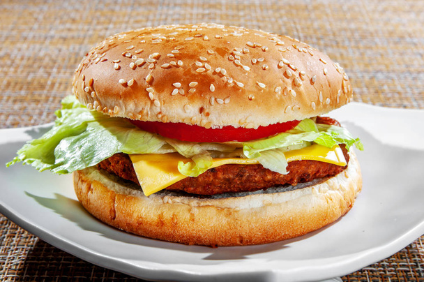 Classic hamburger with bread and fresh vegetables on a white plate. - Photo, Image