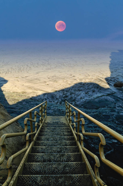 stairs to ocean and to sky with Moon - Photo, Image