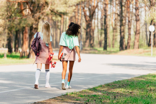 vista trasera de dos amigos multiculturales con tableros de peniques caminando por la carretera
 - Foto, Imagen