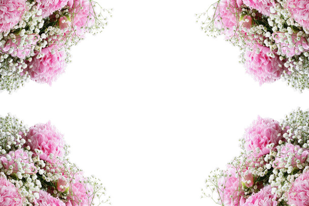Pink Flowering Peonies and Babys Breath Flowers Frame Against a  - Φωτογραφία, εικόνα