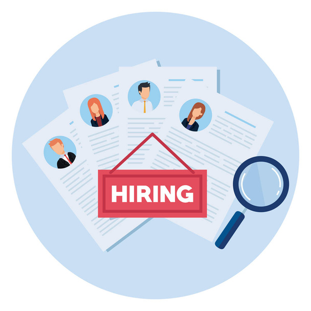 hiring with curriculum vitae and magnifying glass - Vector, afbeelding