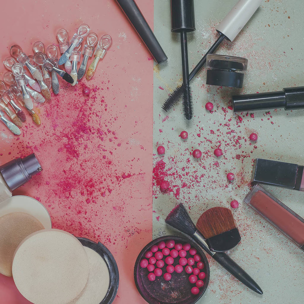Women's cosmetics and accessories on paper background. Beauty products. Flat lay view. Copy space - 写真・画像